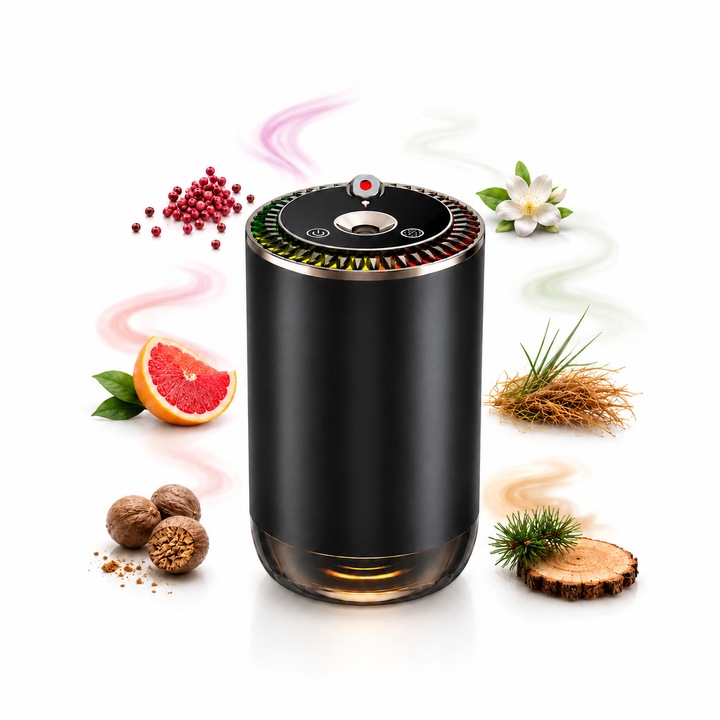 Difuzor Profesional Parfumare Auto IBESPHERE™, Odorizant Portabil cu Acumulator, LED, Pornire/Oprire Automata, 5 Trepte de Putere, Corp Aliaj Aluminiu, USB Type-C, Ideal si pentru Casa, Birou, Negru
