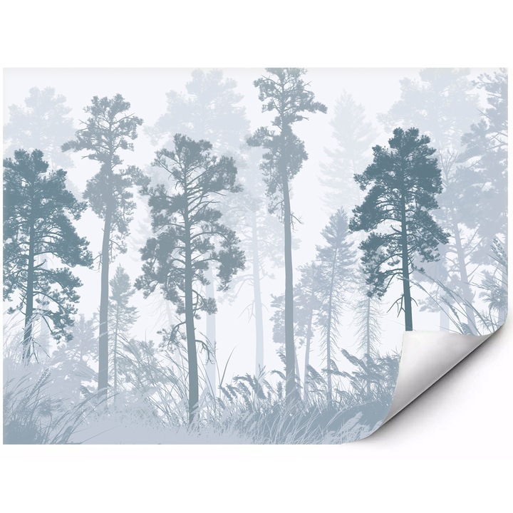 Fototapet mural din material autoadeziv padure de pini in ceata in tonuri albastre reci peisaj forestier misterios in stil scandinav 350x250 cm