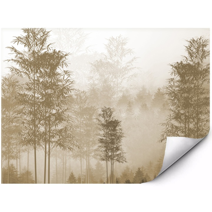 Fototapet mural din material autoadeziv padure de bambus in ceata in tonuri bej peisaj natural delicat in stil zen oriental 350x250 cm