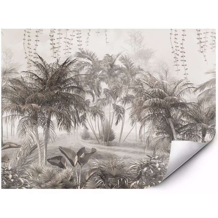Fototapet mural oaza de palmieri in ceata jungla exotica cu vegetatie luxurianta in tonuri bej 200x140 cm