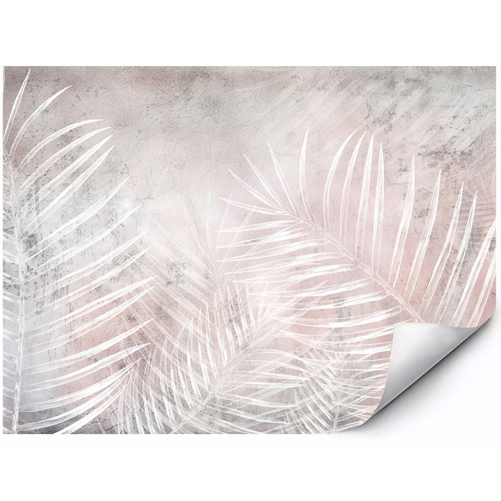 Fototapet mural din material autoadeziv frunze albe de palmier pe fundal roz si gri motiv tropical glamour delicat cu efect acuarela 200x140 cm
