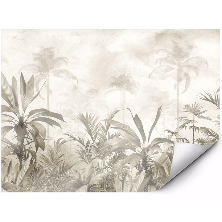 Fototapet mural din material autoadeziv plante exotice si palmieri in ceata jungla tropicala in tonuri bej deschis stil boho natural 300x210 cm
