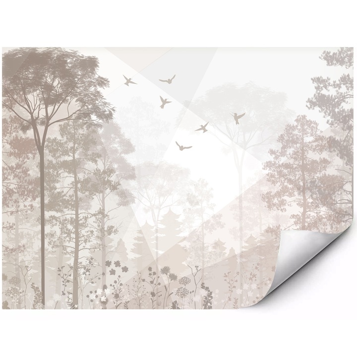 Fototapet mural din material autoadeziv peisaj forestier in ceata cu pasari in zbor motiv natural delicat in tonuri bej stil boho 350x250 cm