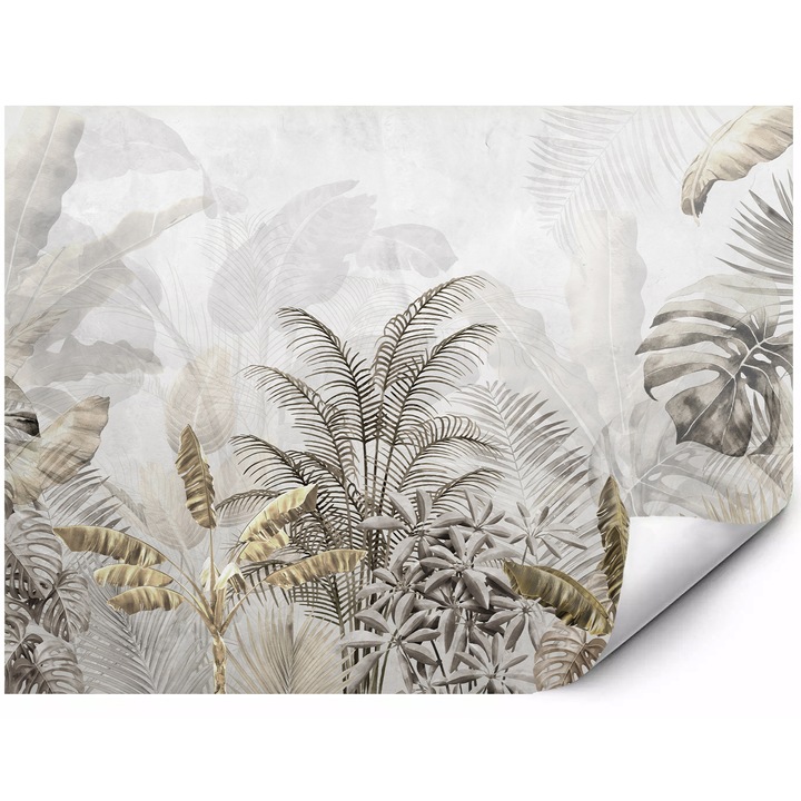 Fototapet mural din material autoadeziv frunze tropicale de palmier si monstera in tonuri bej motiv botanic natural jungle glamour elegant 300x210 cm