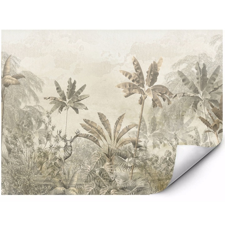 Fototapet mural jungla exotica cu palmieri si monstera cerb decorativ intr un peisaj tropical in stil vintage 200x140 cm