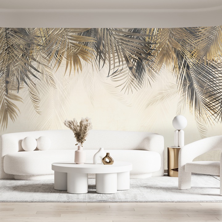 Arany és szürke pálmalevél fali fotótapéta, glamour stílusban, elegáns trópusi motívum világos háttéren 150x105 cm