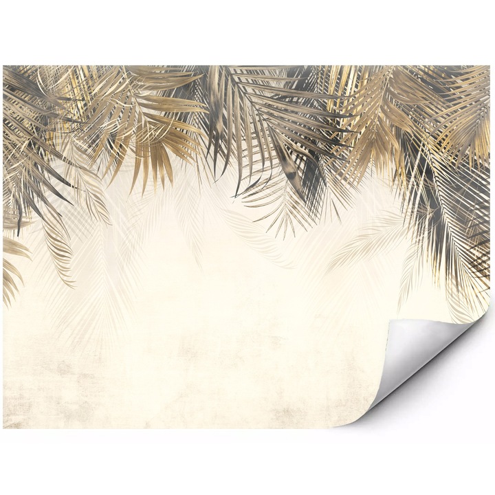 Fototapet mural din material autoadeziv frunze de palmier aurii si gri in stil glamour motiv tropical elegant pe fundal deschis 300x210 cm