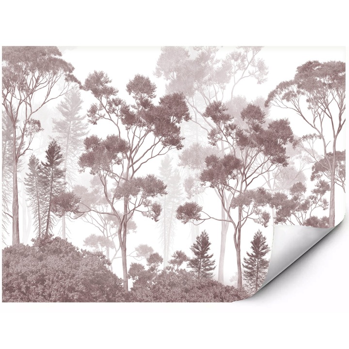 Fototapet mural din material autoadeziv peisaj forestier in ceata in tonuri de roz pudrat copaci delicati si armonie naturala 400x280 cm