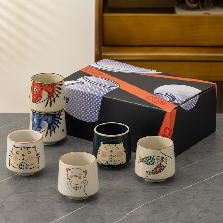 Cani ceramice cu pictura manuala, stil traditional japonez, 200ml, set 6 bucati, nuante multiple
