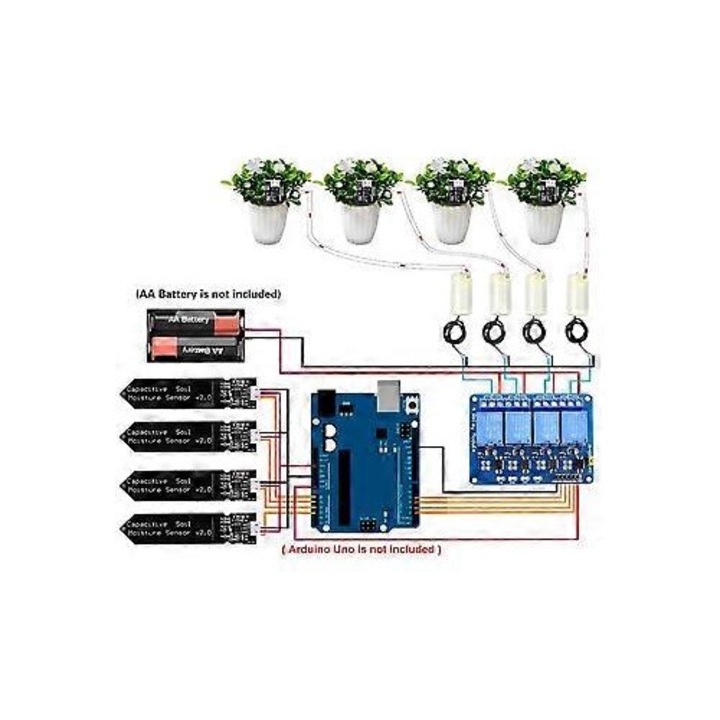 Kit irigare automat 4 cai cu senzori umiditate sol si pompe, multicolor, 98x2m
