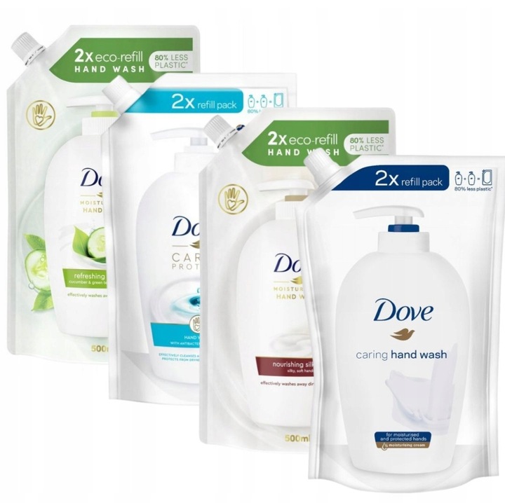 Set Dove 4 x Rezerva Sapun Lichid : Dove Sapun Lichid Original 500 ml, Dove Sapun Lichid Fresh Touch 500ml, Dove Sapun Lichid Fine Silk 500ml si Sapun lichid Dove Care&Protect 500ml, Curatare Eficienta, Hidratare, Senzatie de Prospetime
