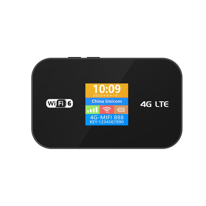 Router portabil, cu firewall, ecran color HD, incarcare prin port Type-C, permite partajarea conexiunii la internet cu mai multe dispozitive, dimensiuni 10 × 6, 8 × 1, 3 cm, culoare negru