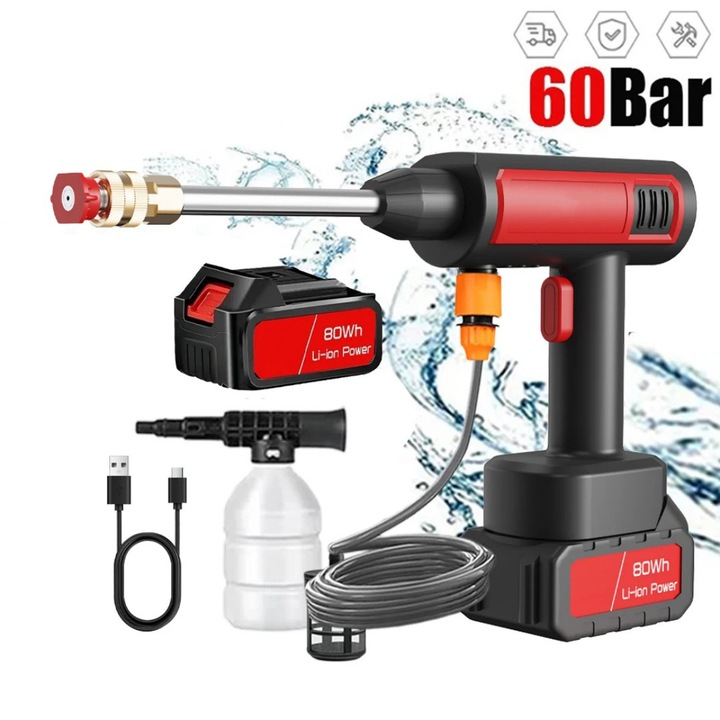 Pistol cu Apa Sub Presiune Pentru Masini, 21 V, 60 Bari, Baterie de 20 000 mAh, Prevazut cu Furtun de 5 M, Incarcare Prin USB, Potrivit Pentru Spalarea Masinii si Curatarea Curtii, 80 WH, Negru