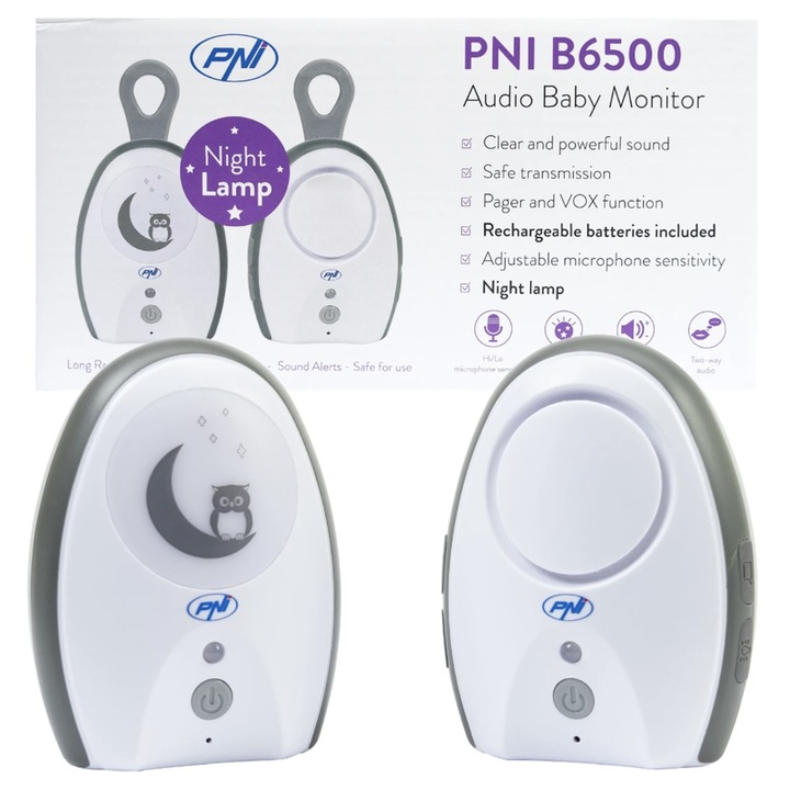 Audio baby monitor PNI, wireless, cu lampa de veghe, cu difuzor, functie VOX si Pager, sensibilitate microfon reglabila fara fir, include 6 baterii x AAA, din plastic, alb, receptor alimentare 230 V