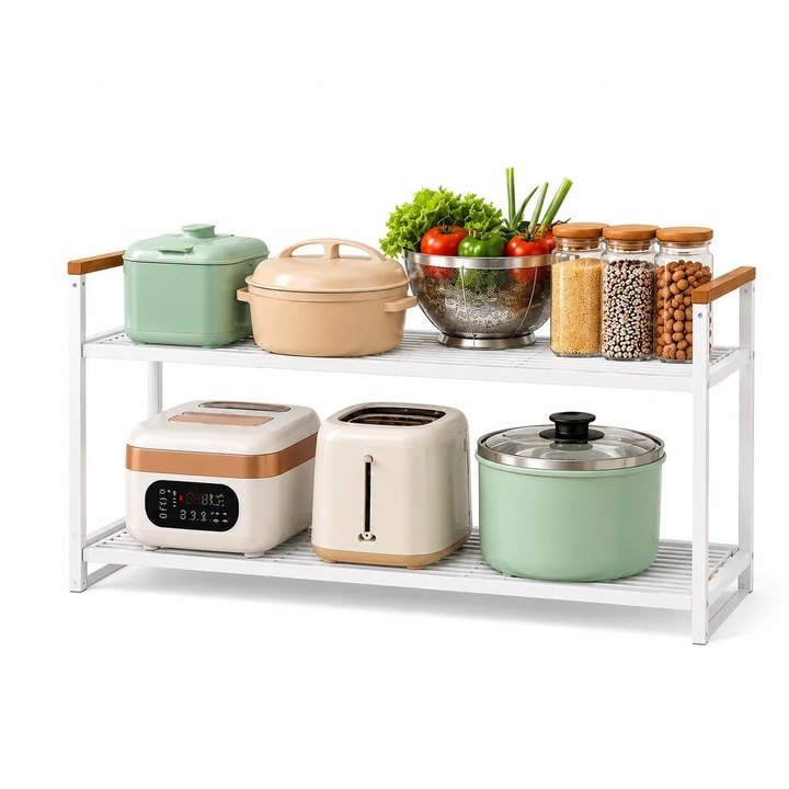 Konyhai rendszerező polc, 2 szintes, prémium fém, konyhapulti tároló állvány, multifunkcionális, 15 kg teherbírás, modern design, fehér