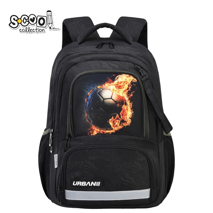 Ergonomikus iskolatáska fiúknak, S-Cool, Urban Football Fire modell, rekeszes, Fekete