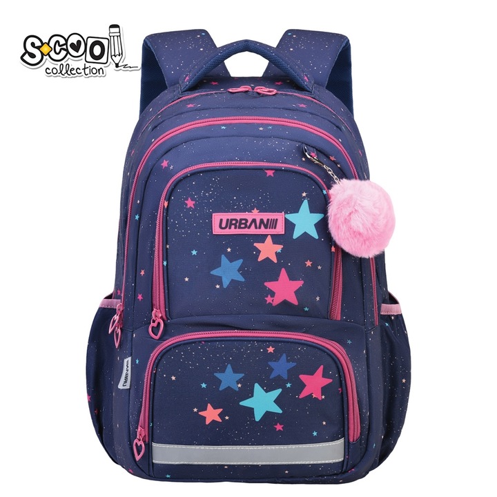 Ergonomikus iskolatáska lányoknak, S-Cool, Urban Stars modell puha kulcstartóval, rekeszes, Sötétkék/Rózsaszín