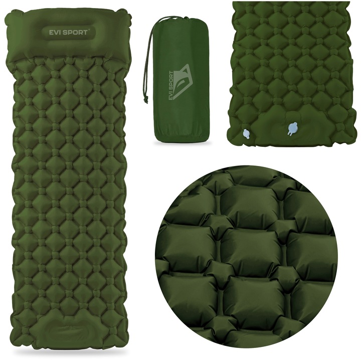 Надуваем дюшек за къмпинг EVI SPORT AirMate PRO, вградена помпа за крак, интегрирана възглавница, изолация R-стойност 2.2, дебелина 7 см, устойчив материал Nylon 40D RipStop TPU, лек 660 г, 190x58 см, Армейско зелено