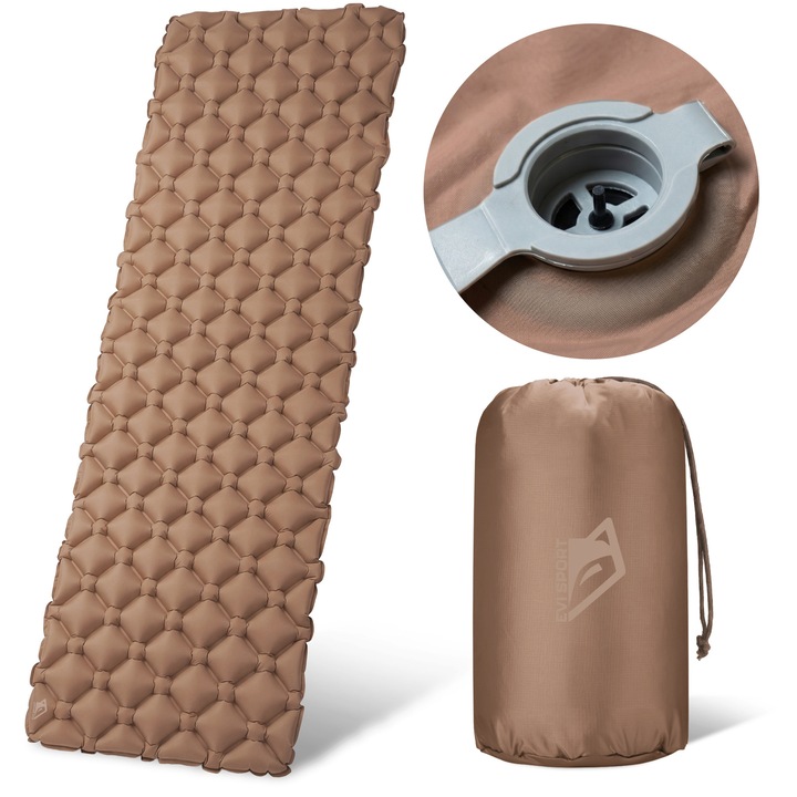 Надуваем дюшек за къмпинг EVI SPORT AirMate, 3-сезонна изолация R-стойност 2.2, дебелина 5 см, ултралек и издръжлив материал Nylon 40D TPU, двуслоен клапан, подложка за спане за раница, 195x58 см, кафяв Walnut Ridge