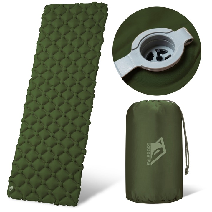Надуваем дюшек за къмпинг EVI SPORT AirMate, 3-сезонна изолация R-стойност 2.2, дебелина 5 см, ултралек и издръжлив материал Nylon 40D TPU, двуслоен клапан, подложка за спане за раница, 195x58 см, армейско зелено