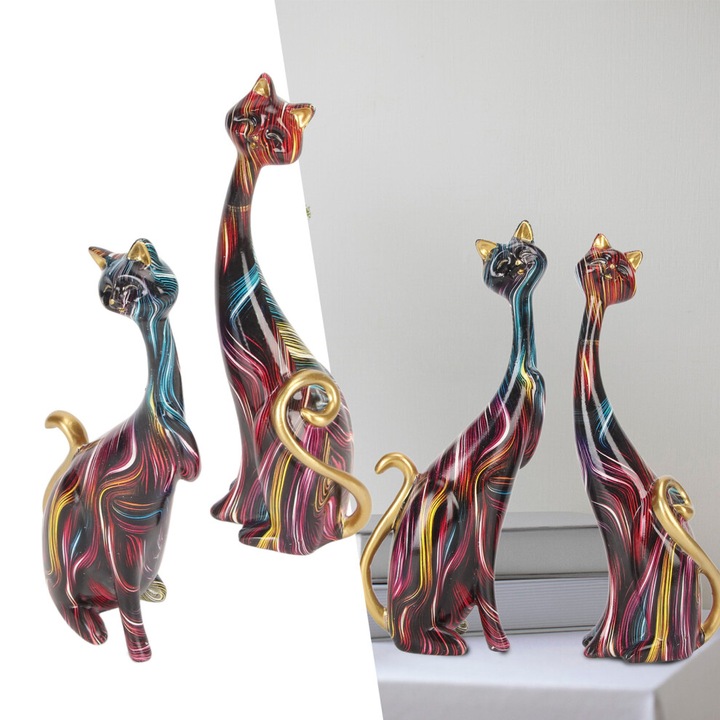 Set 2 statui pisici, rasina, abstract, multicolor, 24.8x11x6.5cm