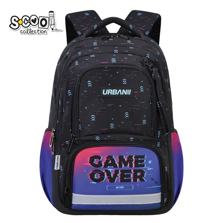 Ergonomikus iskolatáska fiúknak, S-Cool, Urban Gaming Game Over modell, rekeszes, Fekete/Többszínű