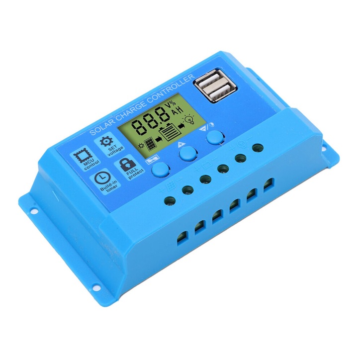 Controler incarcare solara PWM 12V 24V albastru LCD USB ajustabil