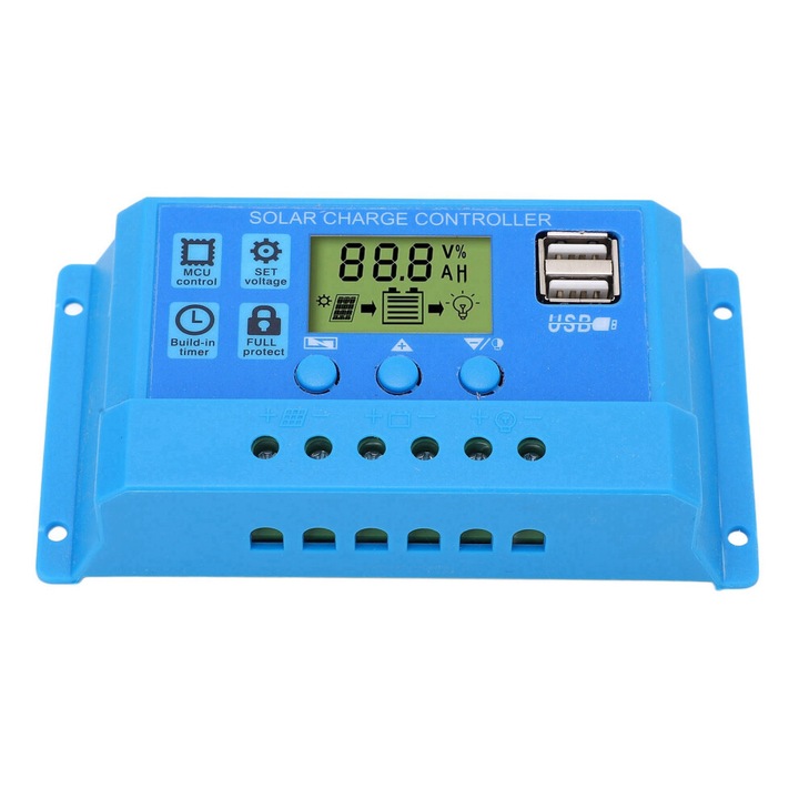 Regulator incarcare solara LCD 12V 24V PWM albastru 2 USB 50V 13.7V 10.7V 12.6V