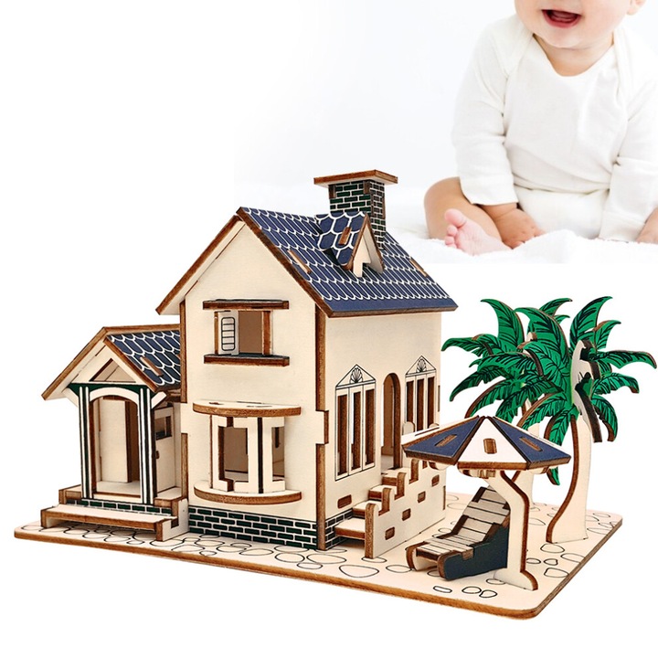 3D fa puzzle villa ház, oktató, 14.5x21.5x14.5cm