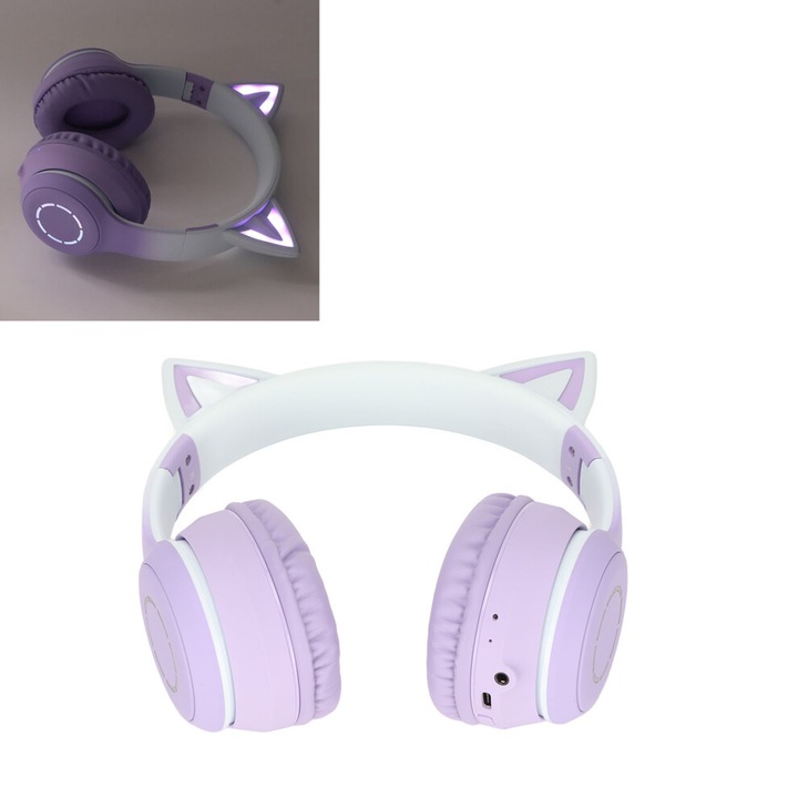 Összecsukható Bluetooth fejhallgató macskafülekkel, többszínű LED, levehető mikrofon, lila, 40mm, 6h