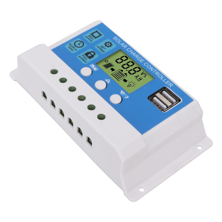 Controler solar PWM 20A 12V/24V, ecran LCD, USB, alb