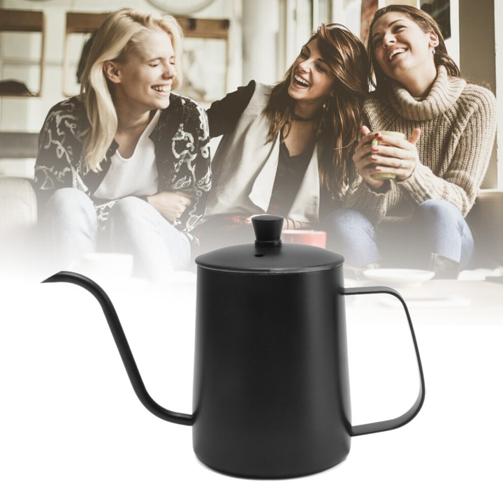 Ibric pentru cafea si ceai, 600ml, otel inoxidabil, negru, picurator subtire