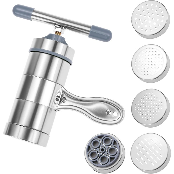 Masina de Facut Paste din Otel Inoxidabil cu 5 Matrite Interschimbabile, Aparat Manual pentru Taitei si Noodles cu Latime Reglabila, Design Ergonomic cu Maner Confortabil pentru Bucatarie Acasa Restaurant Camping si Calatorii, Argintiu