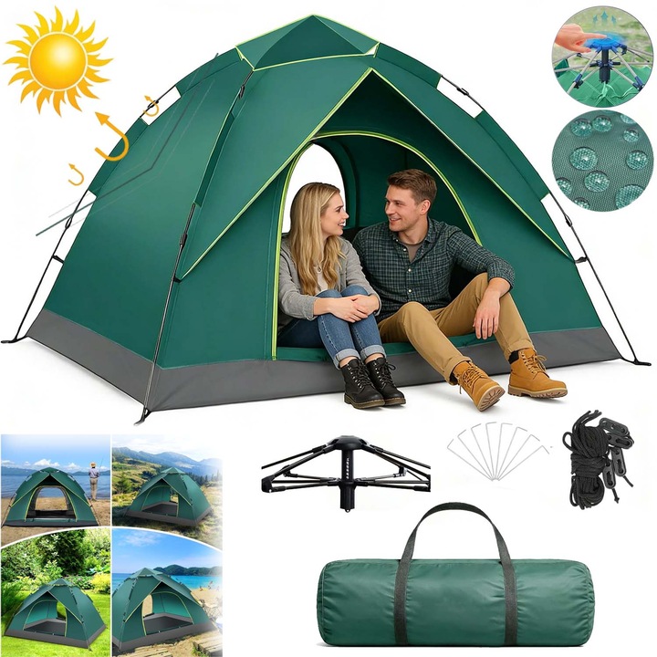 Cort automat, Deschidere rapida,2 persoane.Design cu usi duble, ventilatie.210D Oxford, Rezistent la praf, vant, Impermeabil, Pliabil.Ideal pentru camping, drumetii si pescuit cu familia si prietenii.Cu 8cuie, saci si 4 franghii.210x150x125cm, Verde