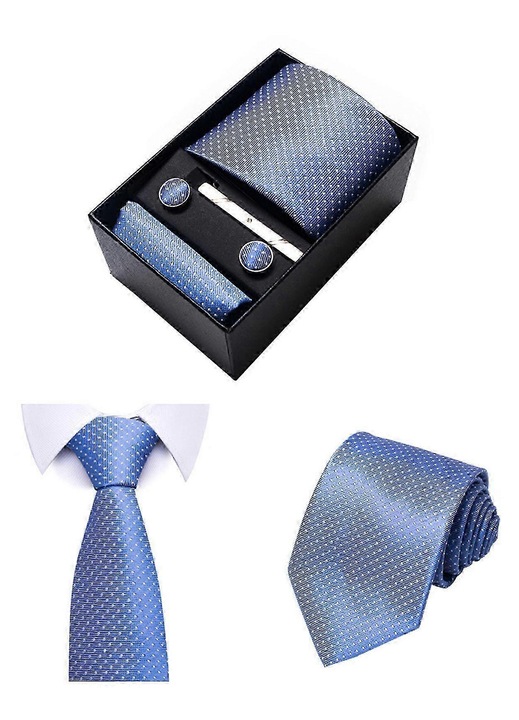 Férfi többszínű nyakkendő szett 8cm zsebkendővel, mandzsettagombokkal, ajándék csipesszel 14x9.5x6.5cm