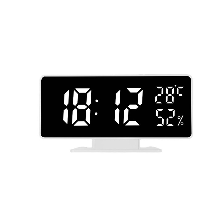 Többfunkciós digitális óra, nagy LED kijelző, hőmérséklet és páratartalom, fehér, 20x10x5cm