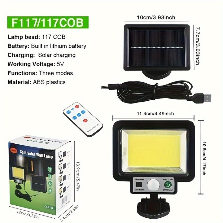 Lampa solara stradala cu senzor miscare, 3 moduri iluminare, 117 LED COB, alba, 30x15x8cm