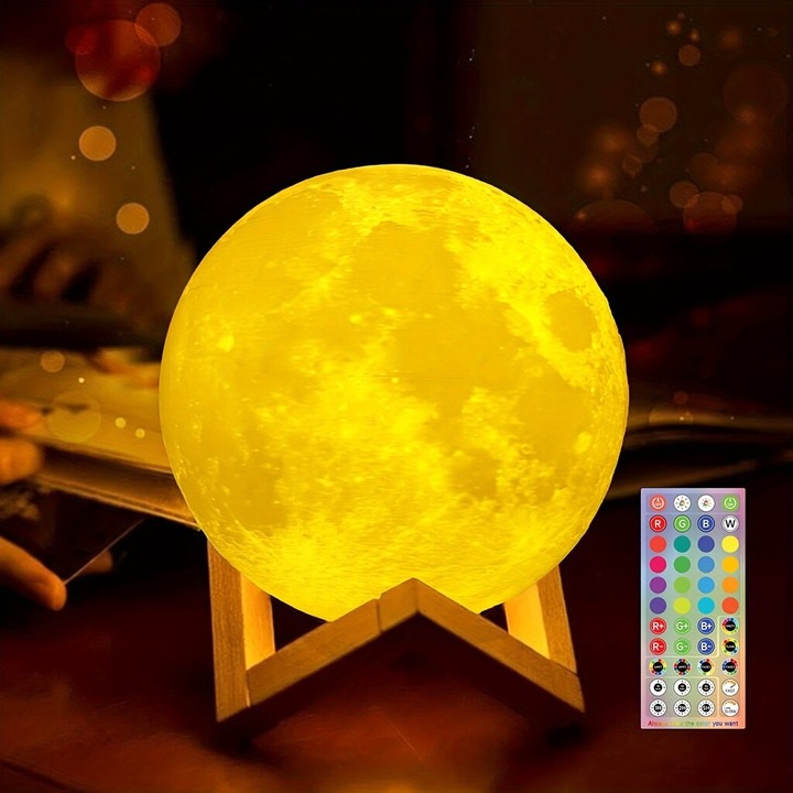 Lampa luna 2024, 128 culori, telecomanda, 18cm, suport lemn