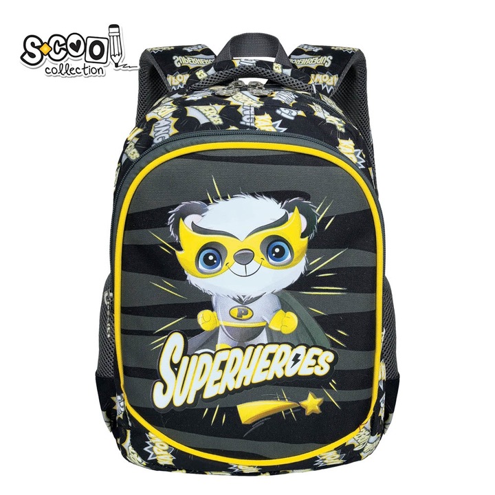 Óvodai iskolatáska fiúknak, S-Cool, Superheroes Panda modell, Fekete/Sárga