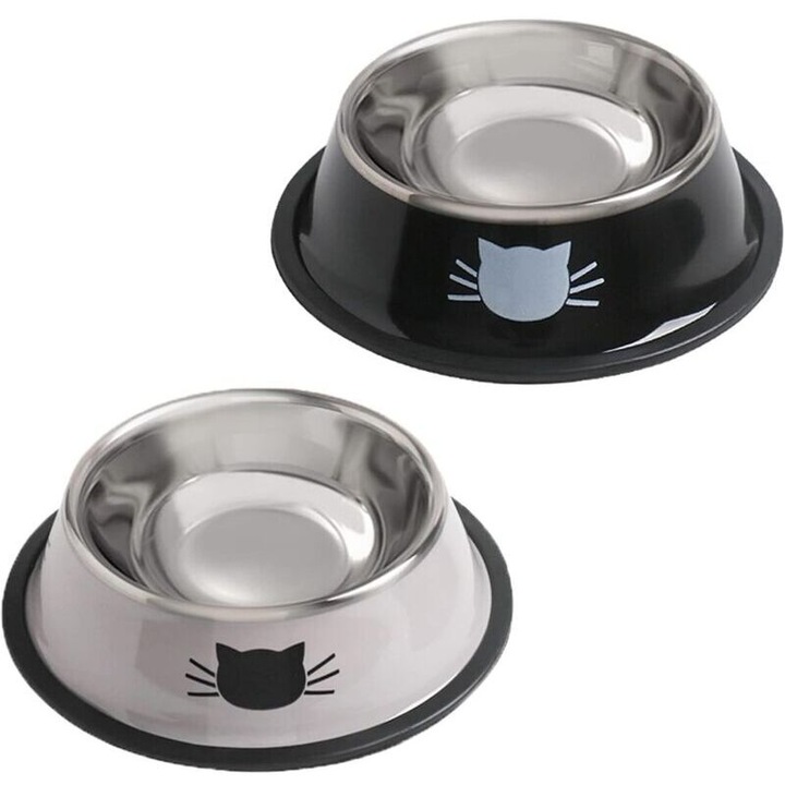 2 db rozsdamentes acél csúszásmentes tál szett, levehető gumitalp, 15x3.6cm, 473ml, ezüst