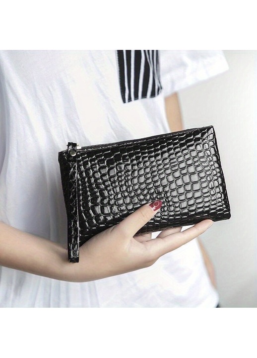 Női clutch táska, rózsaszín krokodil mintás műbőr, 25x15cm