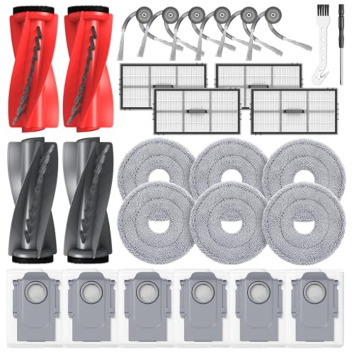 Pachet de 28 de accesorii Saros 10R pentru aspiratorul robot Roborock Saros 10R/Saros 20/Qrevo CurvX/Qrevo Curv 2 Pro/Curv 2 Prox, 4 perii principale, 6 servetele, 6 saci de praf, 4 filtre HEPA, 6 perii laterale, 2 unelte