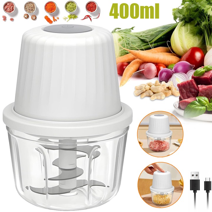 Tocator Electric De Usturoi De 400ml, Rasnita De Usturoi Cu 6 Lame, Mini Tocator Electric De Alimente Portabil, Masina De Tocat Usturoi, Tocator De Ceapa, Robot De Bucatarie Pentru Chili Fructe Carne
