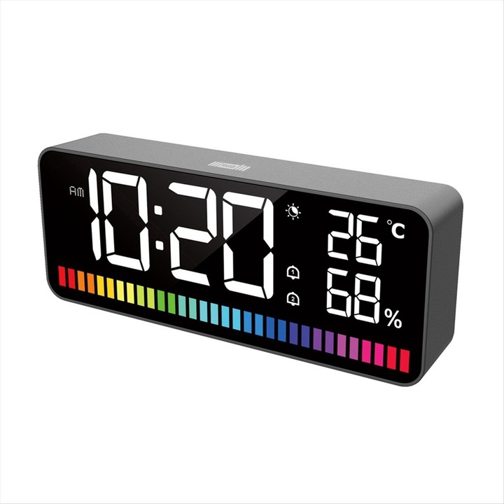 LED elektronikus ébresztőóra nagy, többszínű kijelzővel, 12/24 órás formátum, hőmérséklet és páratartalom, 15 szín, 15x7x5cm