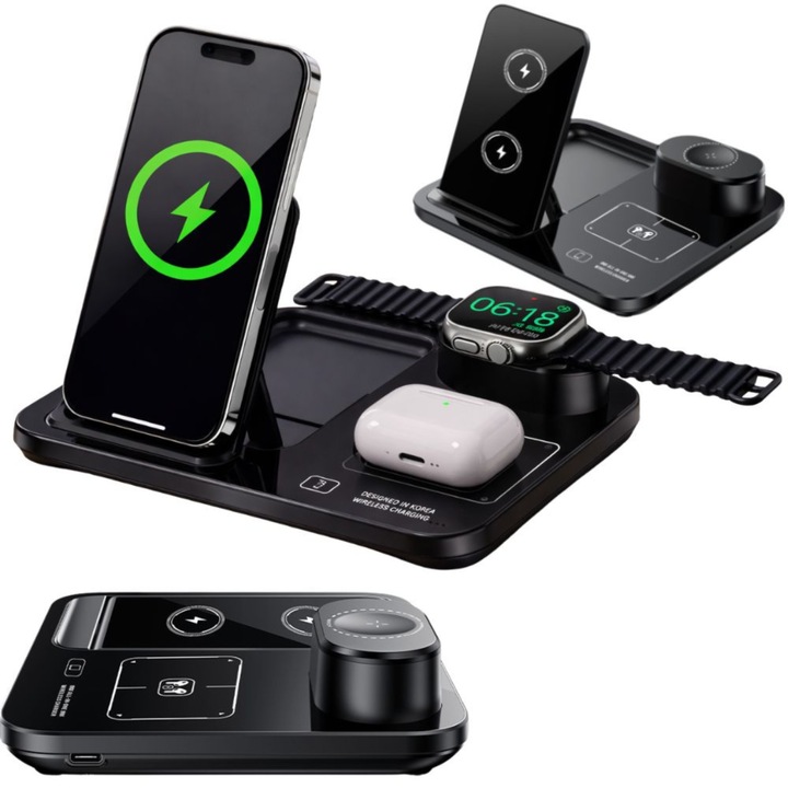 Incarcator wireless 3 in 1 VarioShop®, incarcare rapida 15W, compatibil telefon, smartwatch si casti wireless, tehnologie Qi, QC 3.0, alimentare USB, negru
