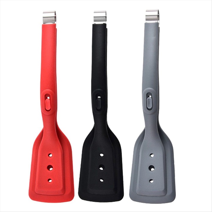 Cleste de bucatarie, set 3 piese, inox si silicon, rosu-negru-gri, ajustabil, 25x5cm
