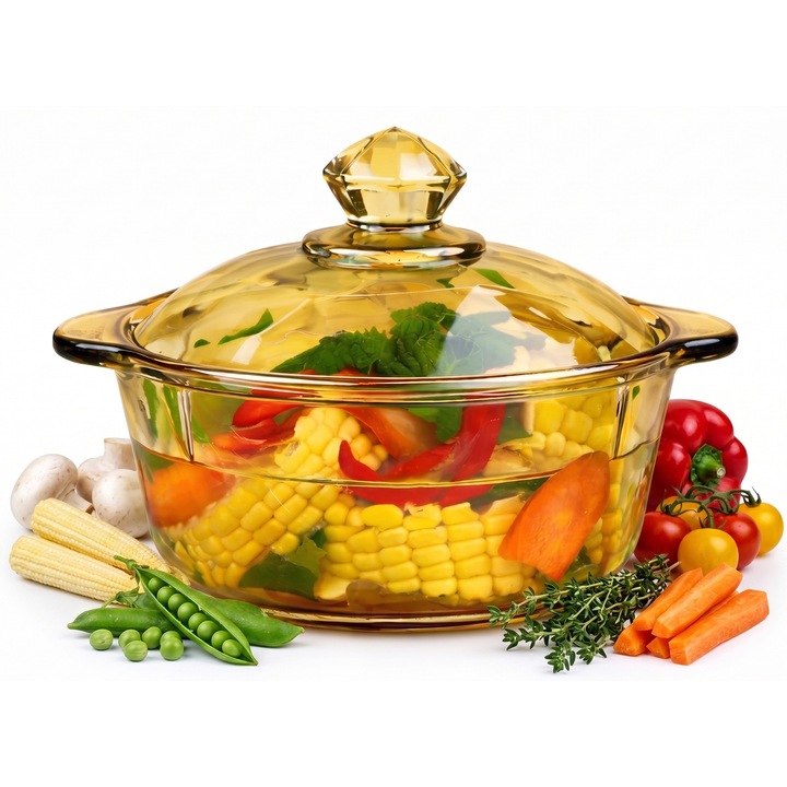 Bol de servire Design Diamant Aurov®, Sticla, cu Capac, Pentru Servire, Depozitare, 900ml, Transparent/Auriu
