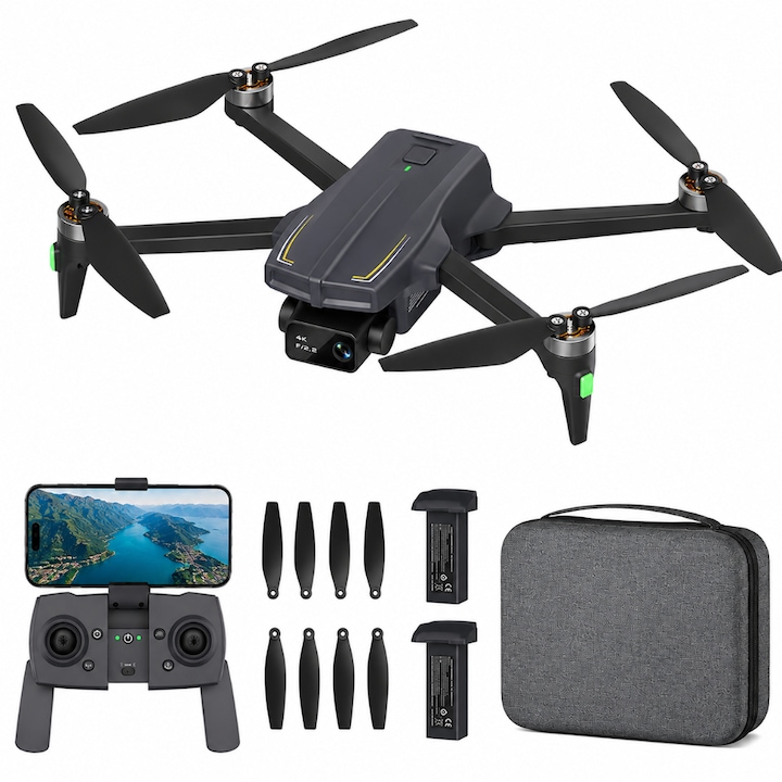 Drona cu Telecomanda, Camera 4K, 13MP, WiFi 5G, GPS, Retur Automat, Pozitionare in Flux Optic, Follow Me, Waypoint, Autonomie 50 min, Pliabila, Aplicatie Telefon Mobil, Incarcare USB, 2 Baterii Incluse, Geanta de Transport, Negru/Gri