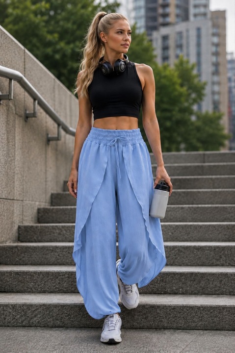 Pantaloni dama, stil salvar, despicatura laterala petrecuta, efect fusta maxi, ONESIZE, talie elastica 60-70 cm relaxata, 90-100 cm intinsa maxim, snur decorativ, albastru deschis
