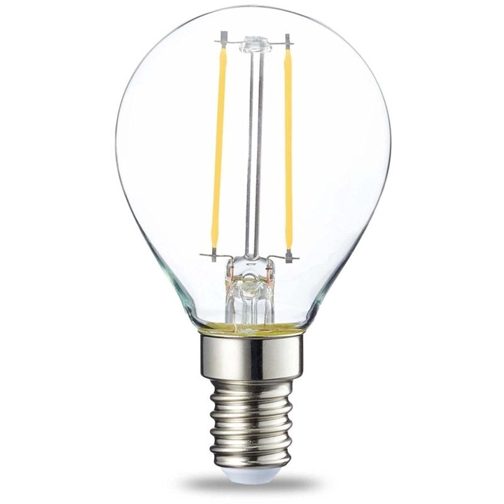 Комплект от 6 малки кръгли LED крушки P45 E14 2W, прозрачна нишка, топло бяла светлина